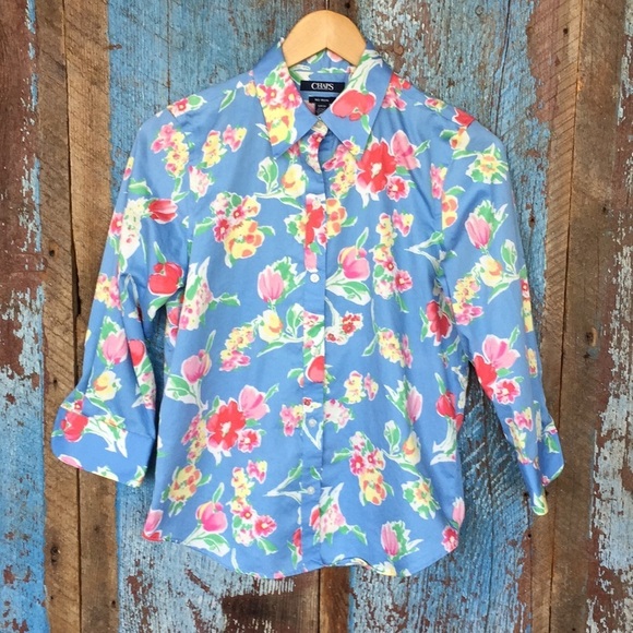 Chaps Blue Floral Button Down Top - Picture 1 of 6
